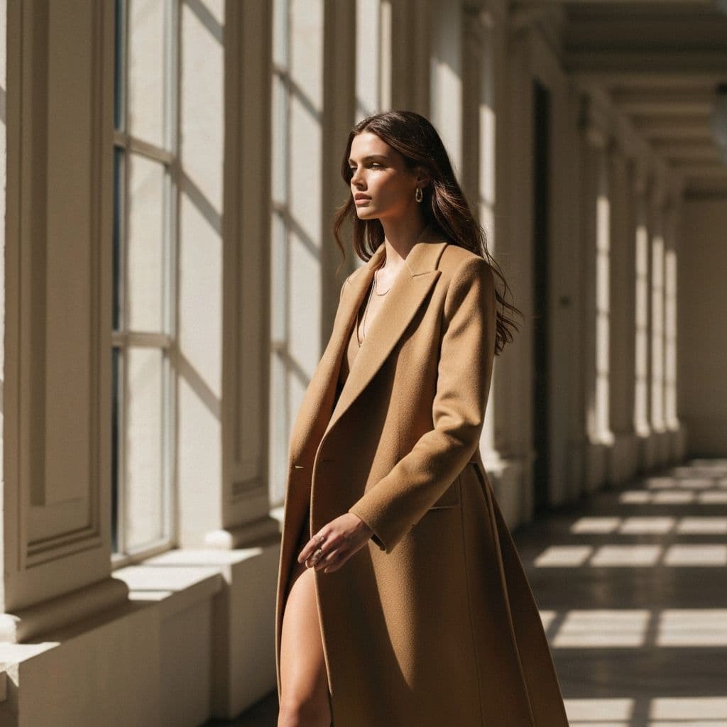 Model in camel coat walking through sunlit corridor